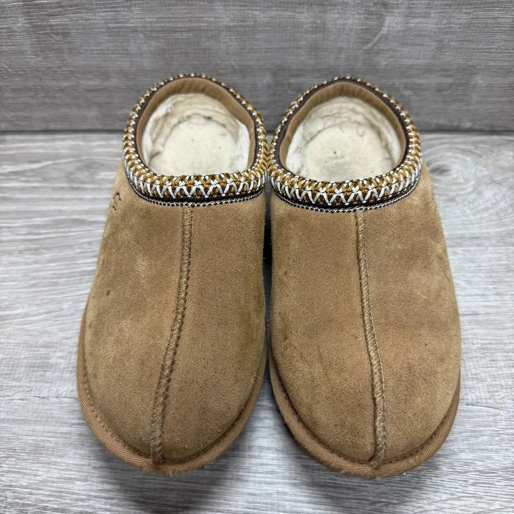 UGG Tasman Slippers Kids Size 3 Chestnut Brown Suede Braided Trim 1019066K